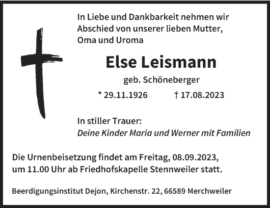 Traueranzeige von Else Leismann von saarbruecker_zeitung