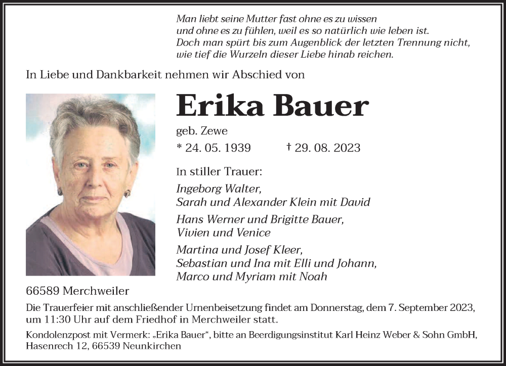  Traueranzeige für Erika Bauer vom 02.09.2023 aus saarbruecker_zeitung