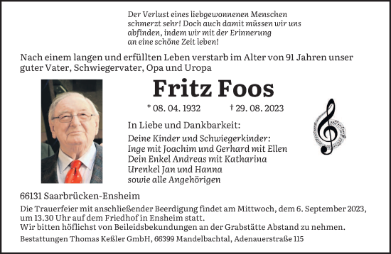 Traueranzeige von Fritz Foos von saarbruecker_zeitung