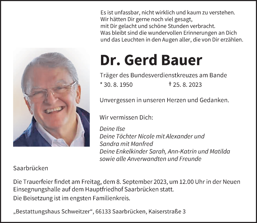  Traueranzeige für Gerd Bauer vom 02.09.2023 aus saarbruecker_zeitung