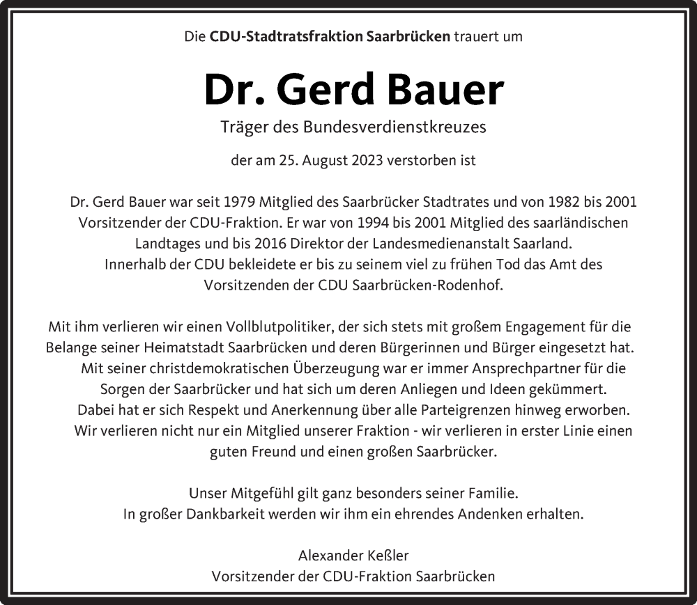  Traueranzeige für Gerd Bauer vom 02.09.2023 aus saarbruecker_zeitung
