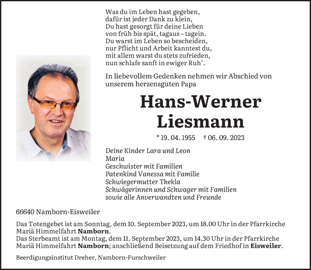  Traueranzeige für Hans-Werner Liesmann vom 09.09.2023 aus saarbruecker_zeitung