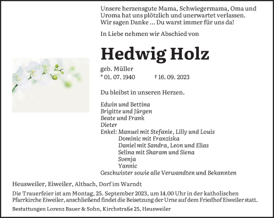 Traueranzeige von Hedwig Holz von saarbruecker_zeitung
