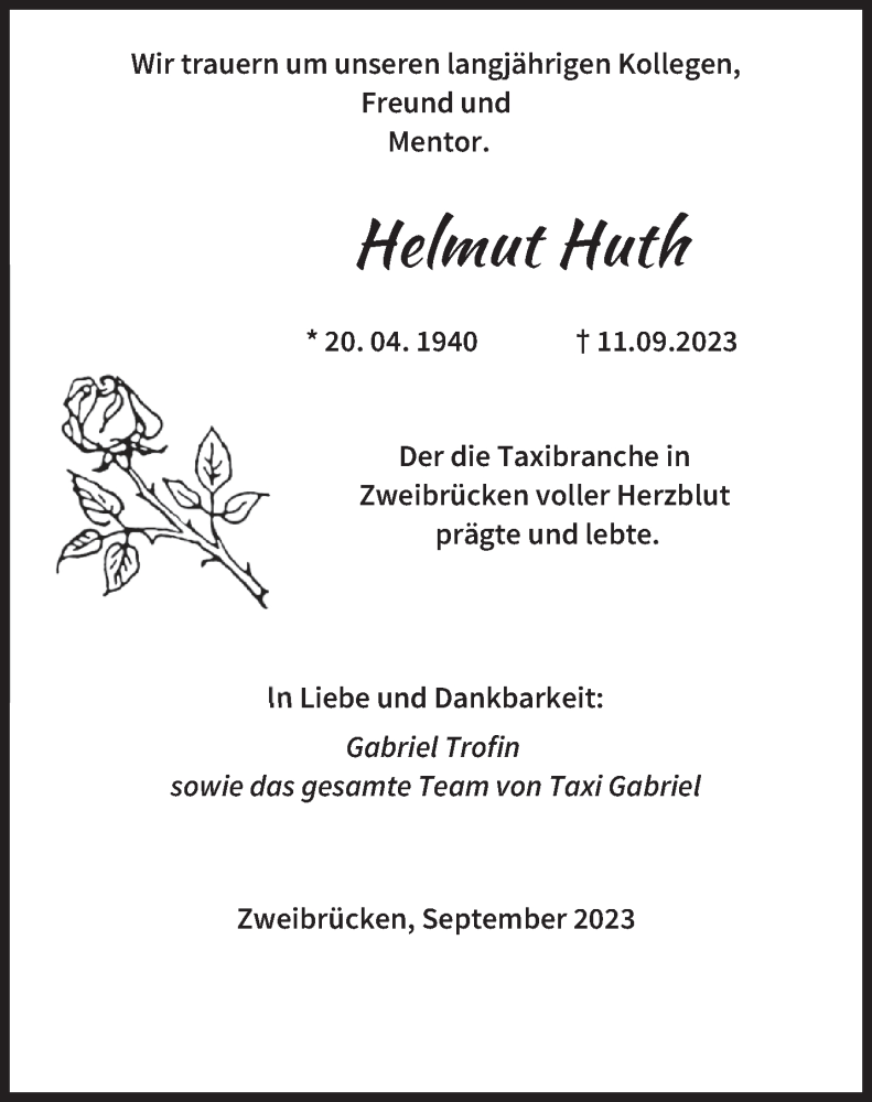  Traueranzeige für Helmut Huth vom 18.09.2023 aus saarbruecker_zeitung