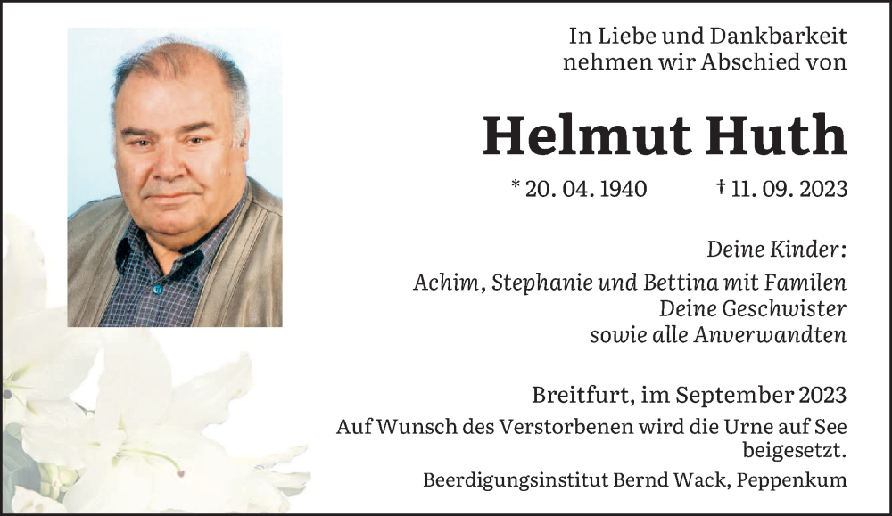  Traueranzeige für Helmut Huth vom 16.09.2023 aus saarbruecker_zeitung