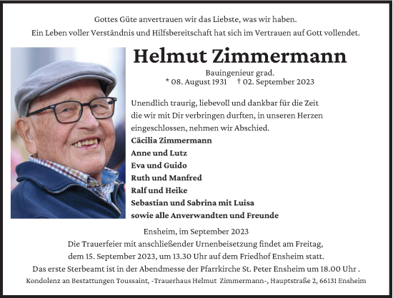 Traueranzeige von Helmut Zimmermann von saarbruecker_zeitung