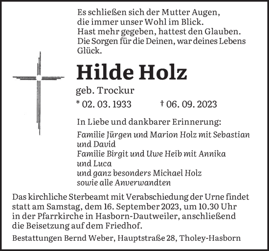 Traueranzeige von Hilde Holz von saarbruecker_zeitung