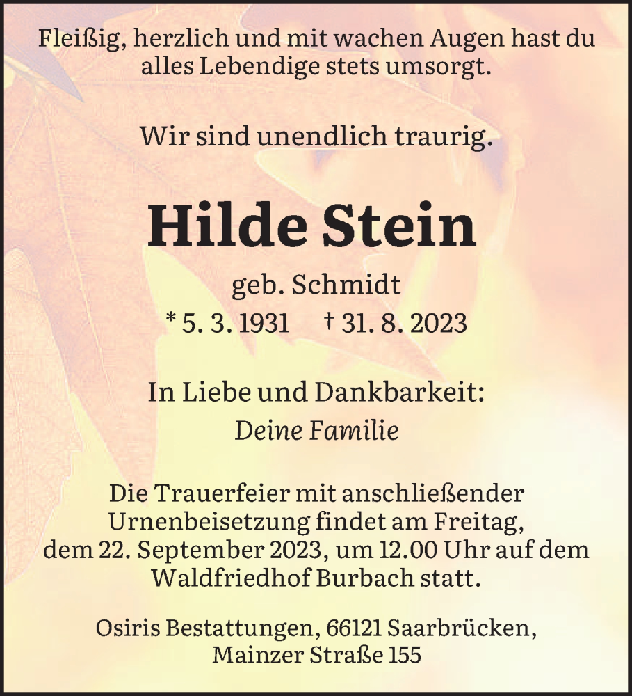  Traueranzeige für Hilde Stein vom 16.09.2023 aus saarbruecker_zeitung