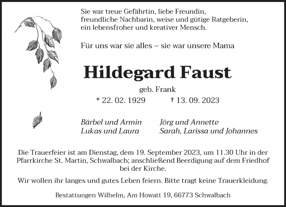  Traueranzeige für Hildegard Faust vom 16.09.2023 aus saarbruecker_zeitung