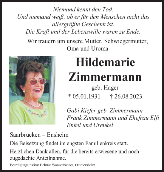 Traueranzeige von Hildemarie Zimmermann von saarbruecker_zeitung