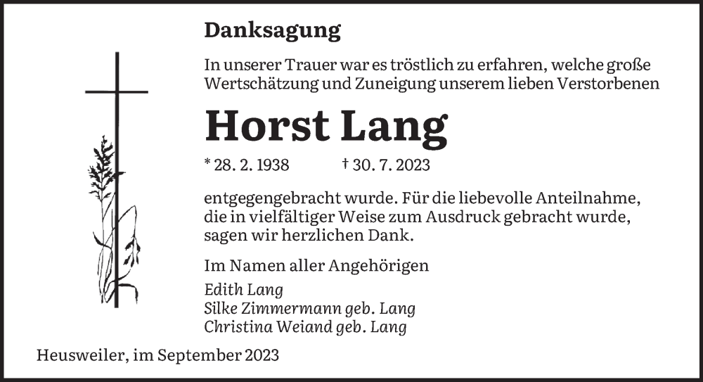  Traueranzeige für Horst Lang vom 09.09.2023 aus saarbruecker_zeitung