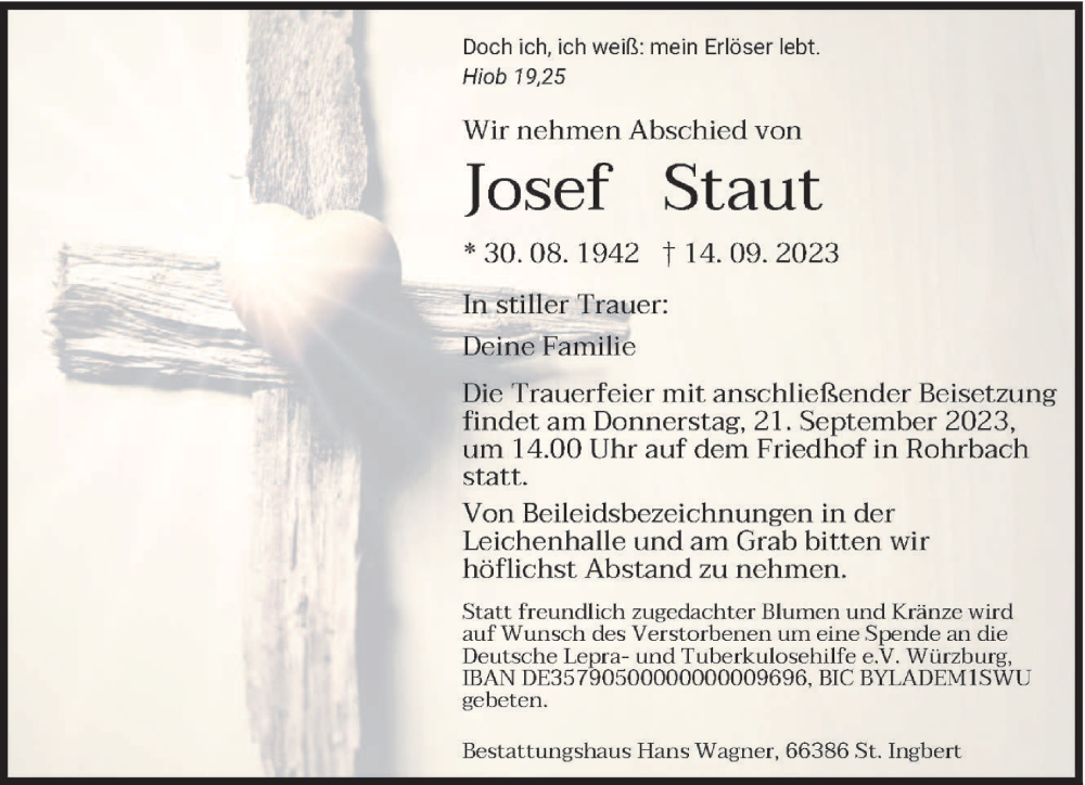  Traueranzeige für Josef Staut vom 19.09.2023 aus saarbruecker_zeitung