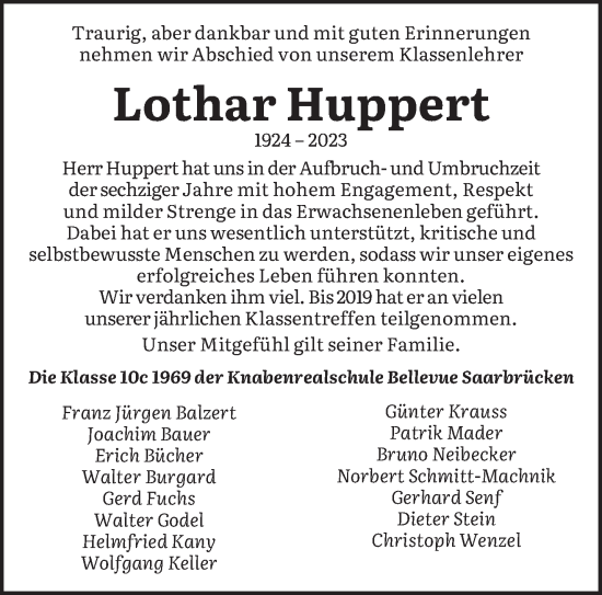Traueranzeige von Lothar Huppert von saarbruecker_zeitung