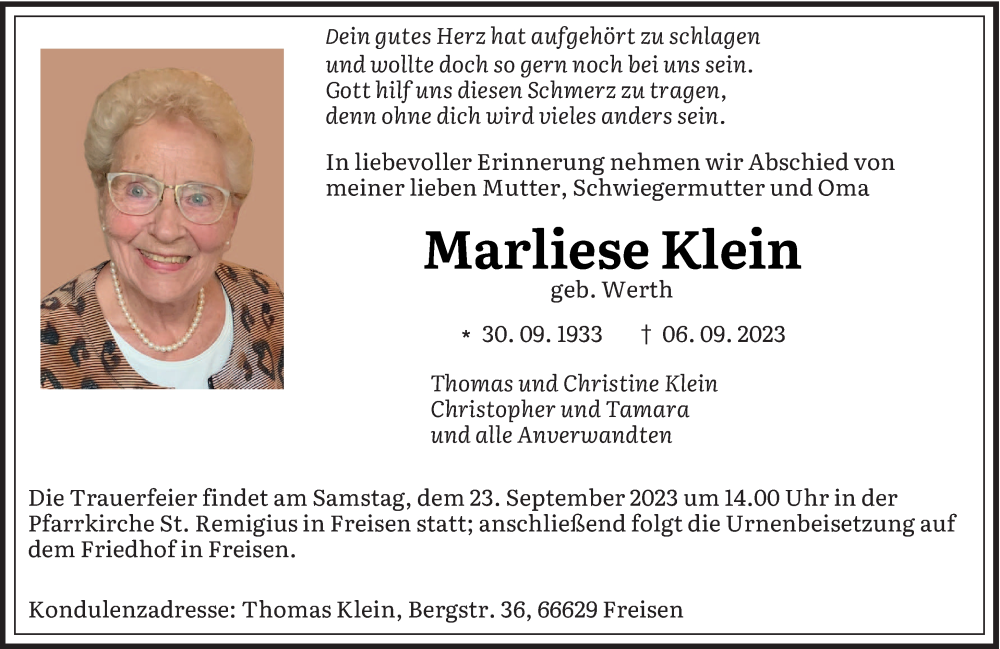  Traueranzeige für Marliese Klein vom 19.09.2023 aus saarbruecker_zeitung