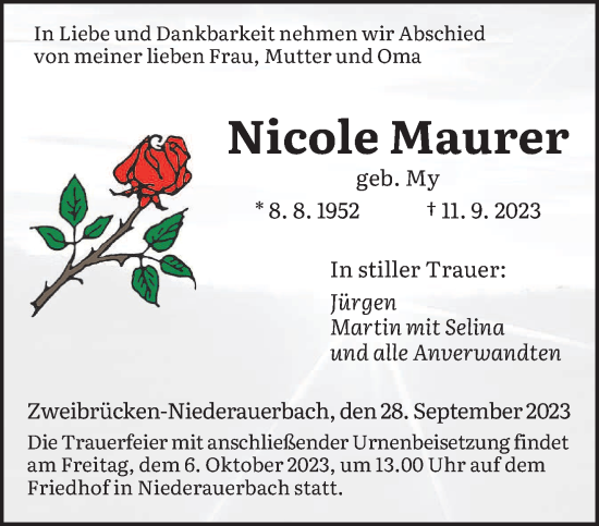 Traueranzeige von Nicole Maurer von saarbruecker_zeitung