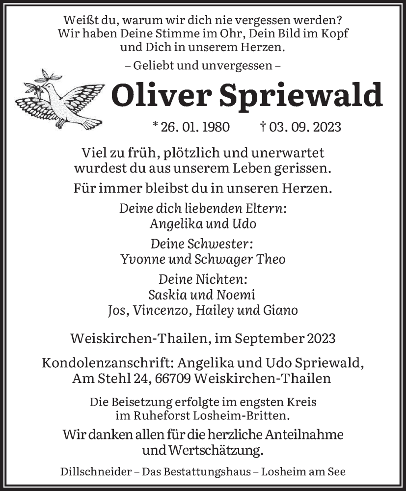  Traueranzeige für Oliver Spriewald vom 19.09.2023 aus saarbruecker_zeitung