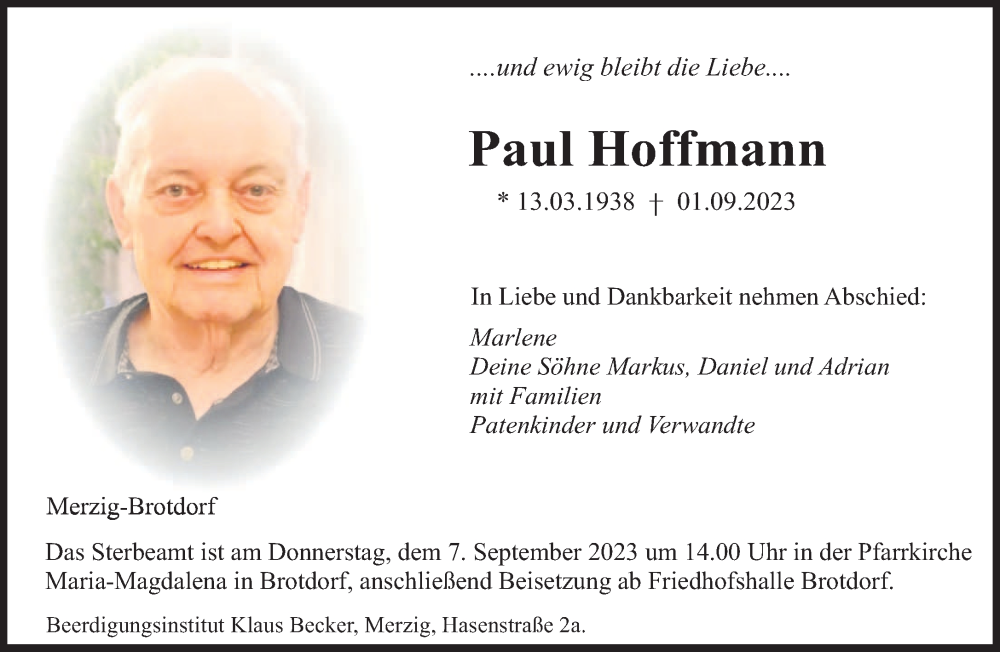  Traueranzeige für Paul Hoffmann vom 05.09.2023 aus saarbruecker_zeitung