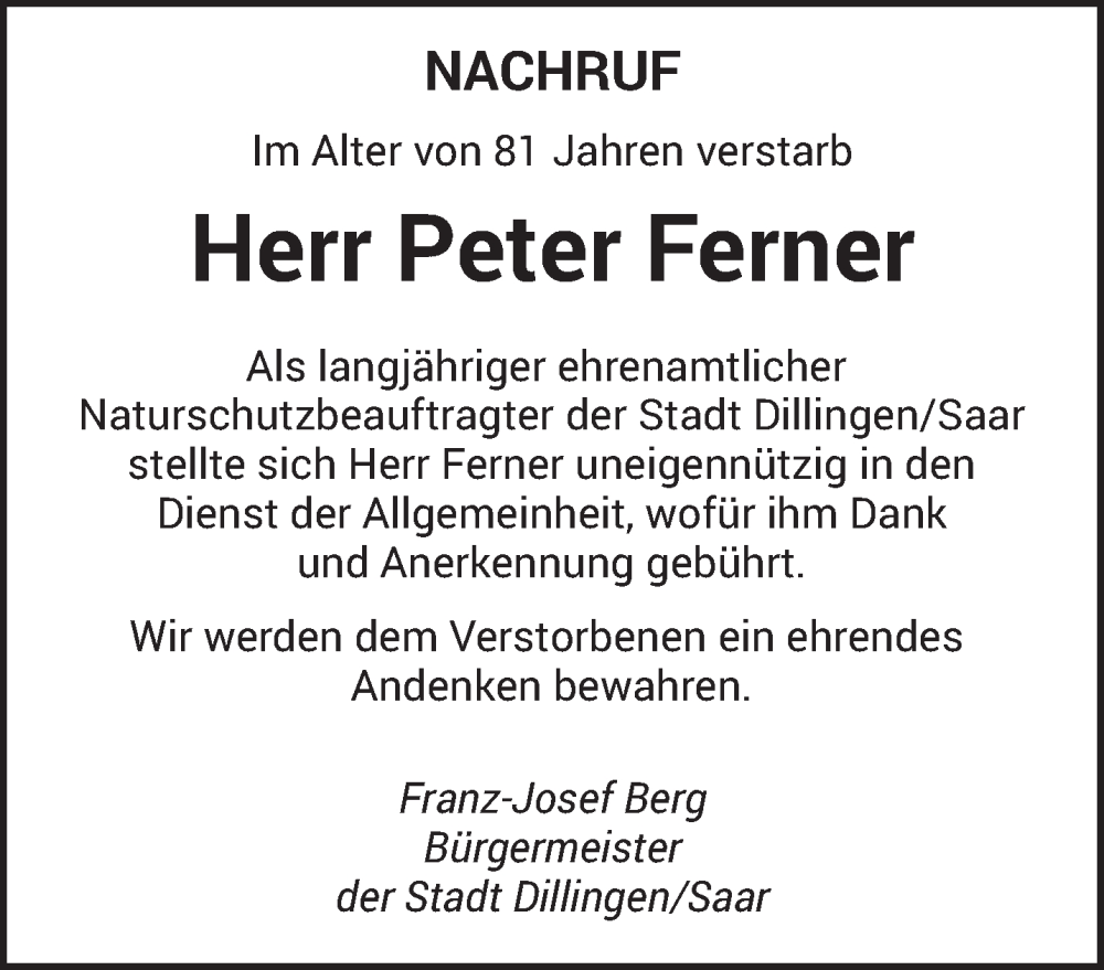  Traueranzeige für Peter Ferner vom 21.09.2023 aus saarbruecker_zeitung