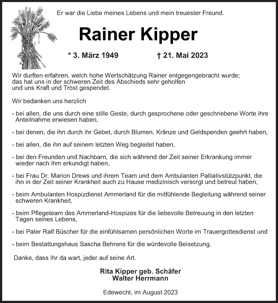  Traueranzeige für Rainer Kipper vom 02.09.2023 aus saarbruecker_zeitung