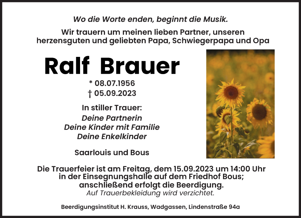  Traueranzeige für Ralf Brauer vom 11.09.2023 aus saarbruecker_zeitung