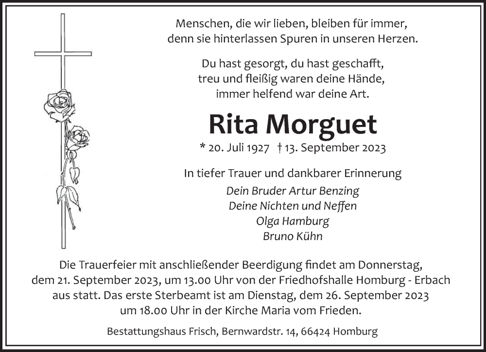  Traueranzeige für Rita Morguet vom 16.09.2023 aus saarbruecker_zeitung
