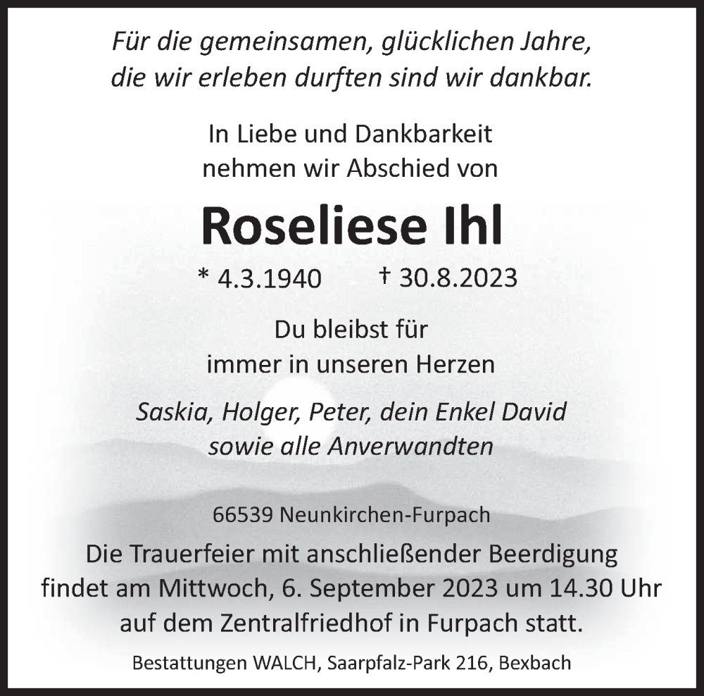  Traueranzeige für Roseliese Ihl vom 02.09.2023 aus saarbruecker_zeitung