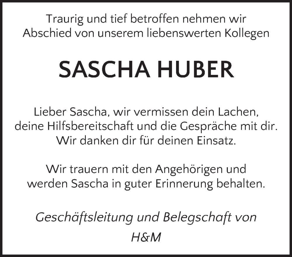  Traueranzeige für Sascha Huber vom 13.09.2023 aus saarbruecker_zeitung