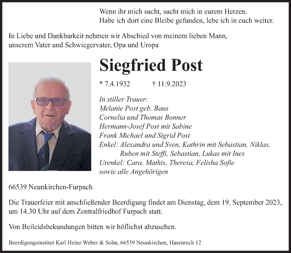  Traueranzeige für Siegfried Post vom 16.09.2023 aus saarbruecker_zeitung