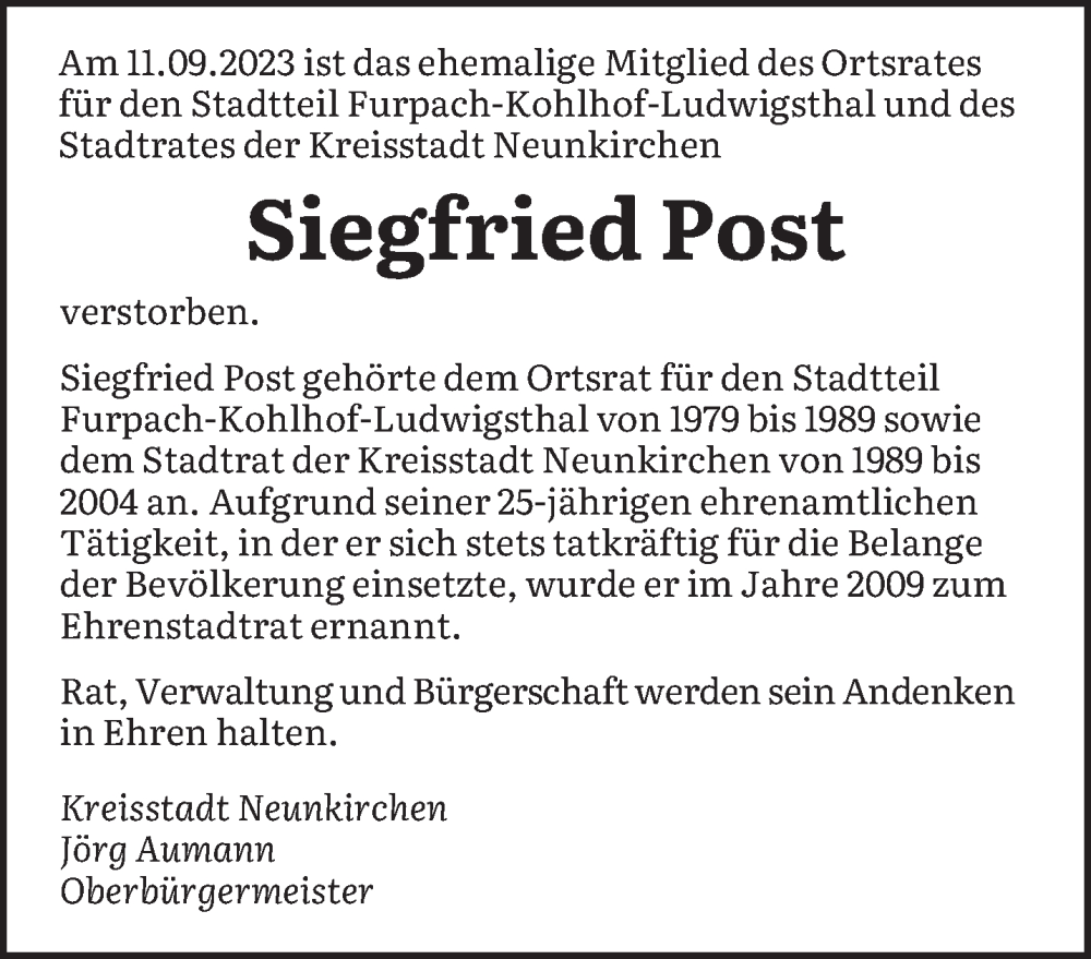  Traueranzeige für Siegfried Post vom 19.09.2023 aus saarbruecker_zeitung
