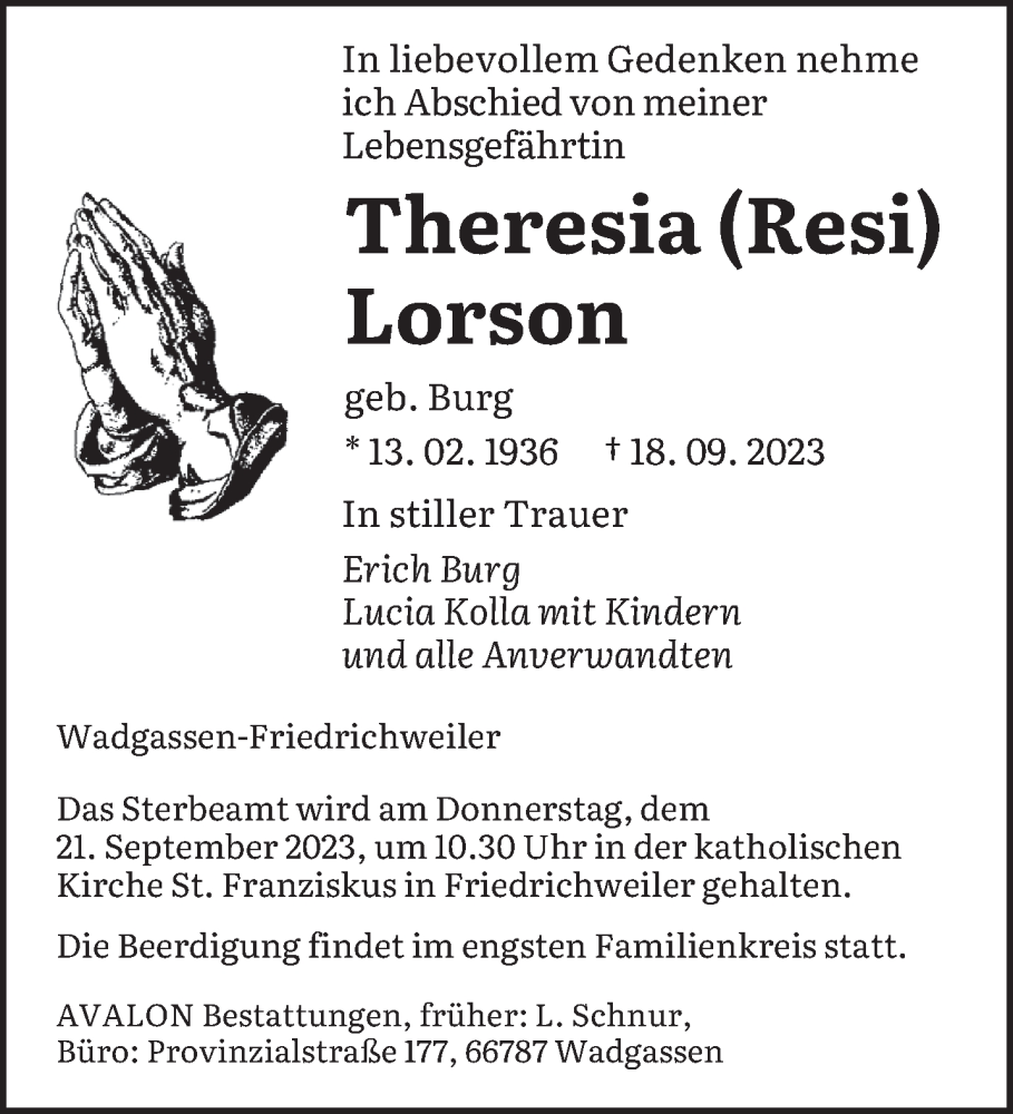  Traueranzeige für Theresia Lorson vom 19.09.2023 aus saarbruecker_zeitung