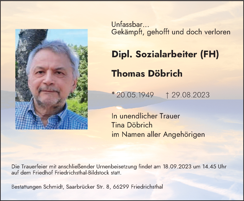  Traueranzeige für Thomas Döbrich vom 02.09.2023 aus saarbruecker_zeitung