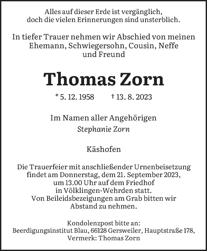  Traueranzeige für Thomas Zorn vom 09.09.2023 aus saarbruecker_zeitung