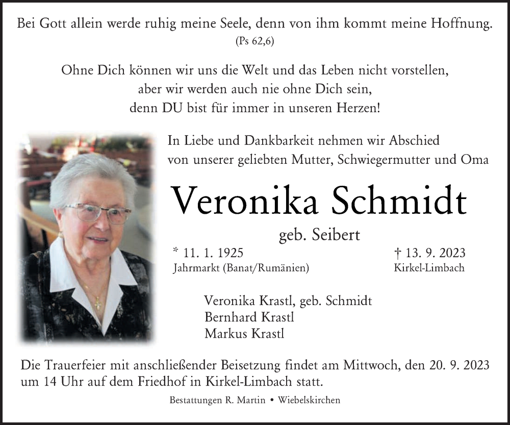  Traueranzeige für Veronika Schmidt vom 18.09.2023 aus saarbruecker_zeitung