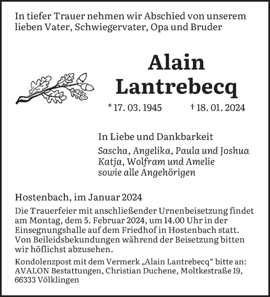 Traueranzeige von Alain Lantrebecq von saarbruecker_zeitung