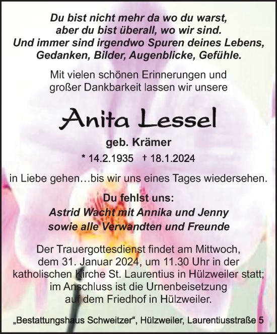 Traueranzeige von Anita Lessel von saarbruecker_zeitung