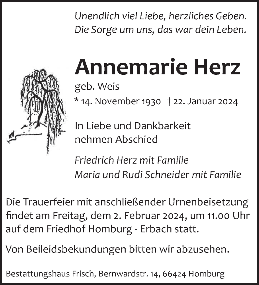  Traueranzeige für Annemarie Herz vom 27.01.2024 aus saarbruecker_zeitung