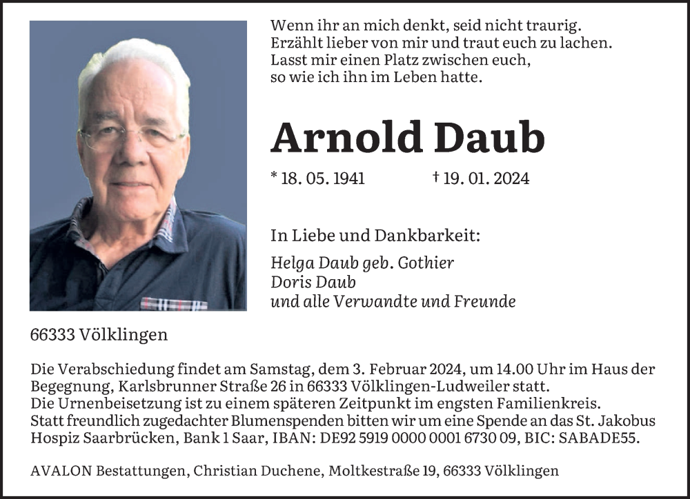  Traueranzeige für Arnold Daub vom 27.01.2024 aus saarbruecker_zeitung