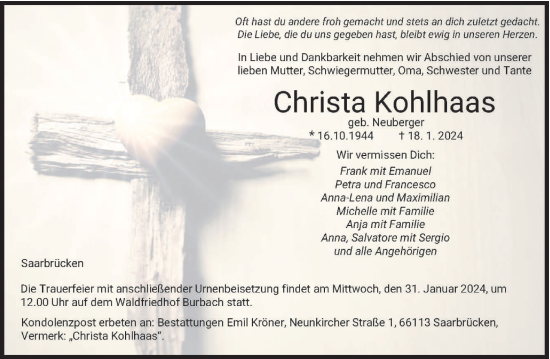 Traueranzeige von Christa Kohlhaas von saarbruecker_zeitung