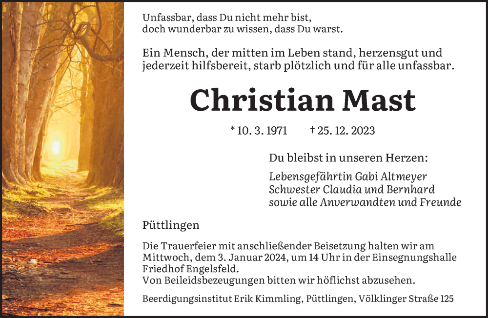  Traueranzeige für Christian Mast vom 02.01.2024 aus saarbruecker_zeitung