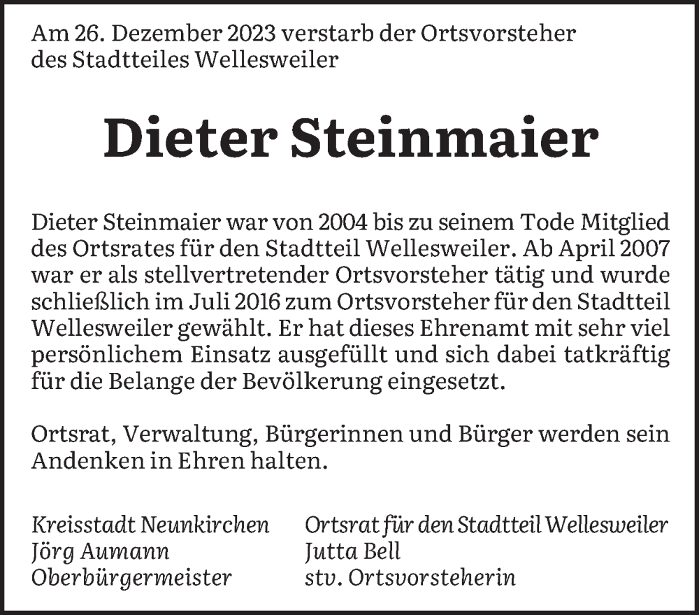  Traueranzeige für Dieter Steinmaier vom 06.01.2024 aus saarbruecker_zeitung