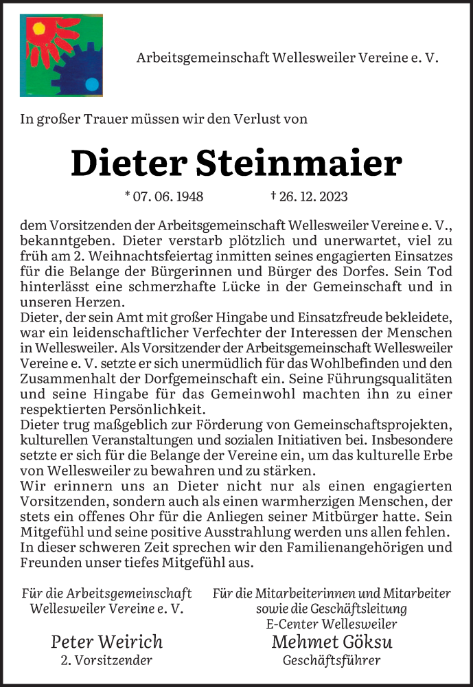  Traueranzeige für Dieter Steinmaier vom 06.01.2024 aus saarbruecker_zeitung