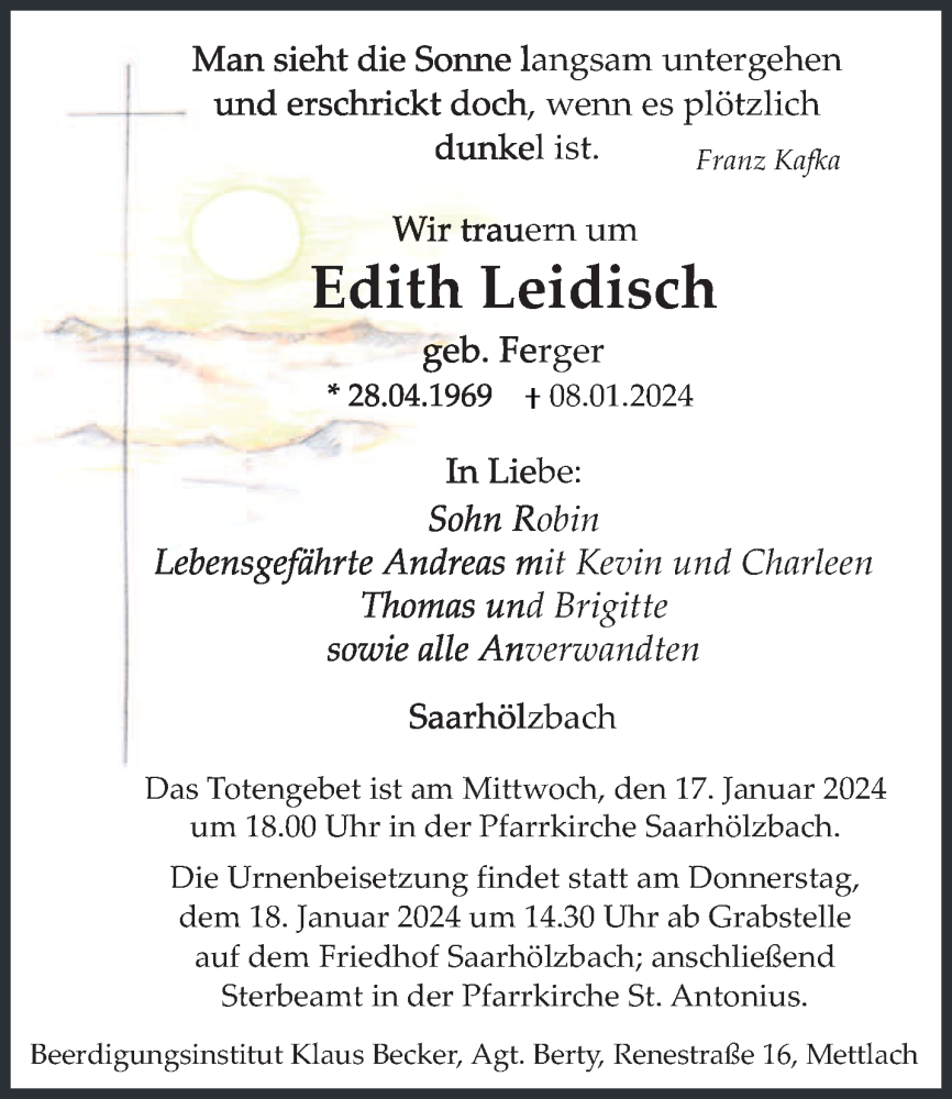  Traueranzeige für Edith Leidisch vom 13.01.2024 aus saarbruecker_zeitung