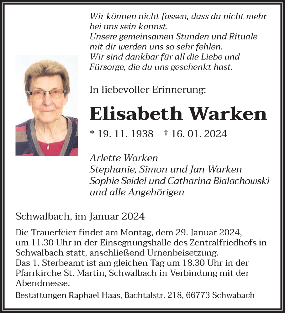  Traueranzeige für Elisabeth Warken vom 20.01.2024 aus saarbruecker_zeitung