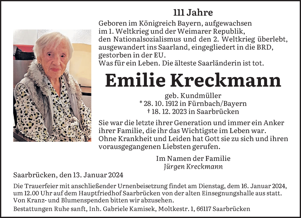  Traueranzeige für Emilie Kreckmann vom 13.01.2024 aus saarbruecker_zeitung