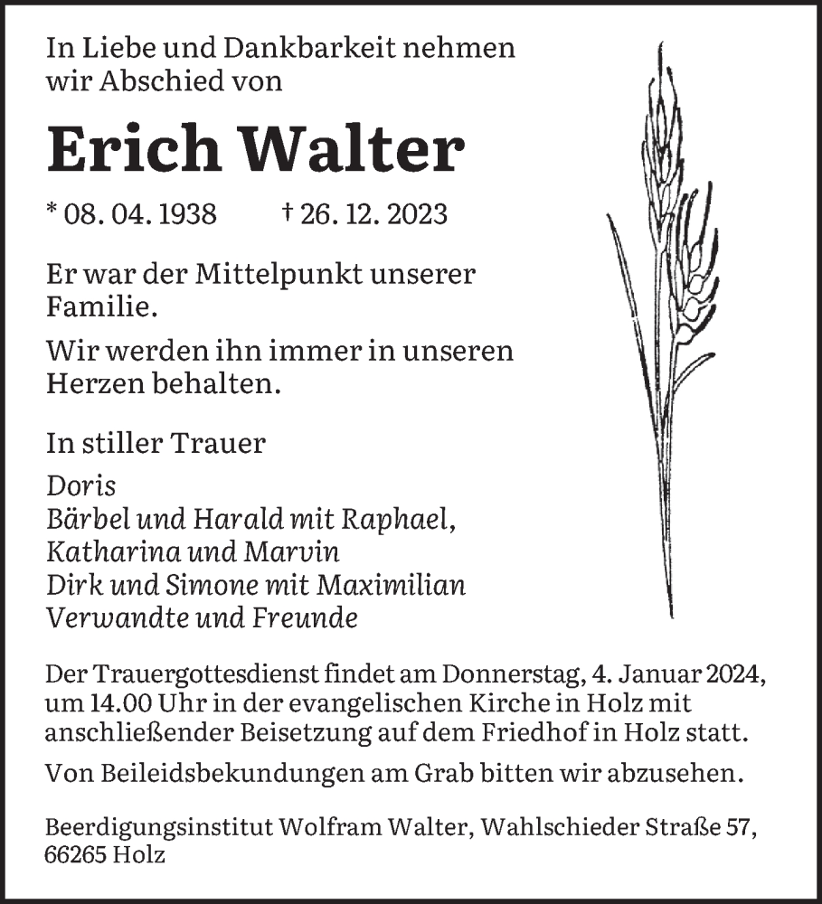  Traueranzeige für Erich Walter vom 02.01.2024 aus saarbruecker_zeitung