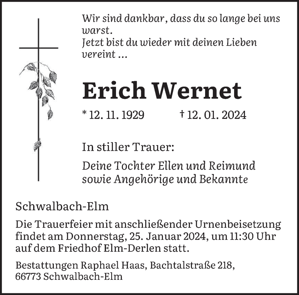  Traueranzeige für Erich Wernet vom 20.01.2024 aus saarbruecker_zeitung