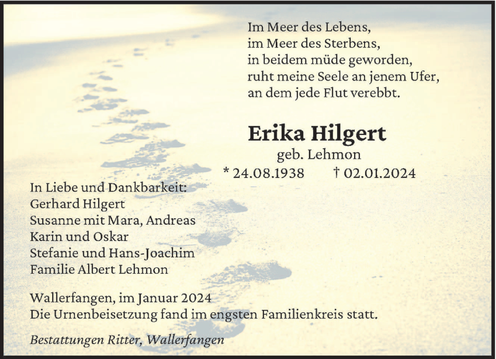  Traueranzeige für Erika Hilgert vom 27.01.2024 aus saarbruecker_zeitung