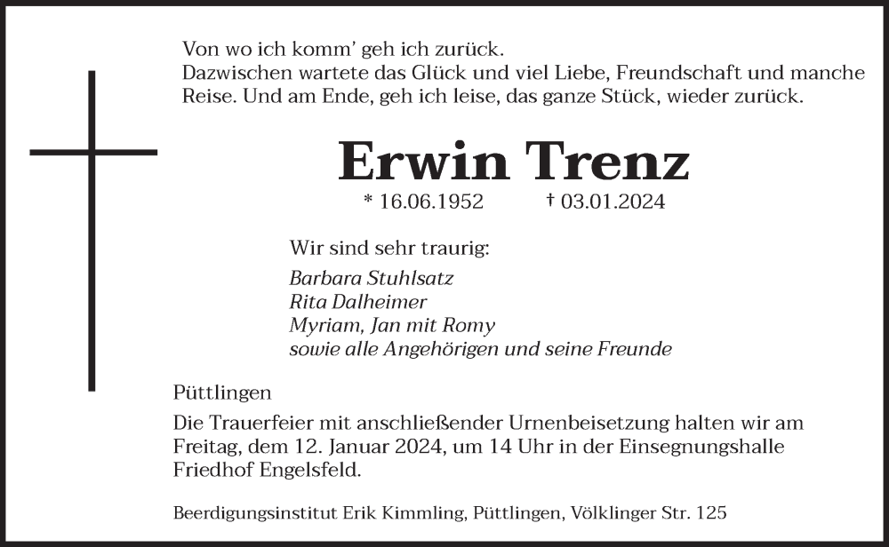  Traueranzeige für Erwin Trenz vom 08.01.2024 aus saarbruecker_zeitung