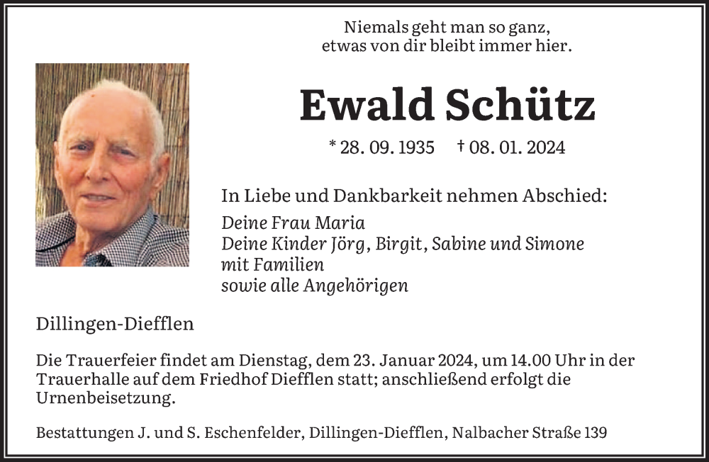  Traueranzeige für Ewald Schütz vom 13.01.2024 aus saarbruecker_zeitung