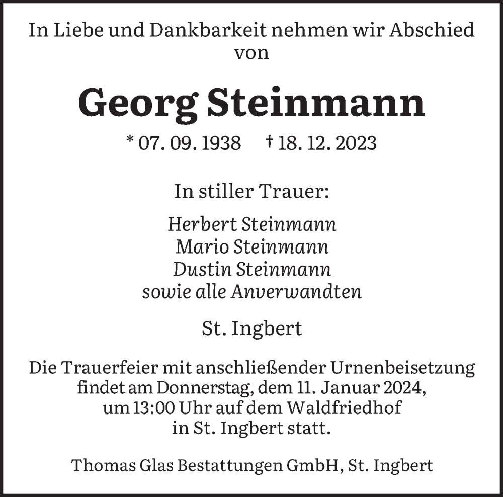  Traueranzeige für Georg Steinmann vom 06.01.2024 aus saarbruecker_zeitung